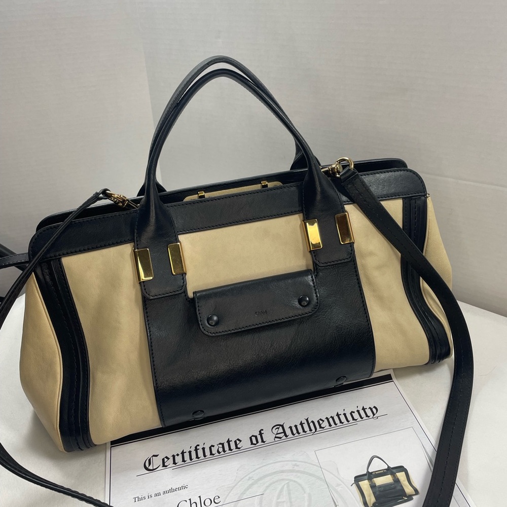 Authentic CHLOE Alice bi color tan & black leather bag w/ duster, cards & CERT